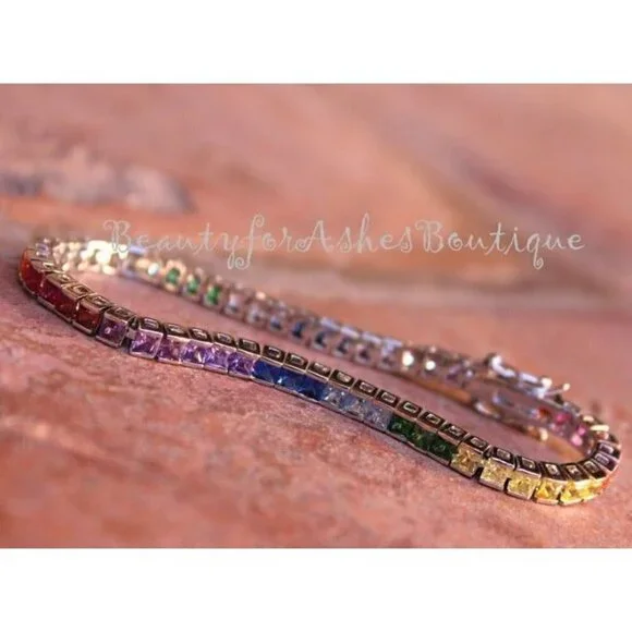 Princess Cut Covenant Gods Promise Over the Rainbow Colorful Cz Tennis Bracelet - Picture 4 of 11